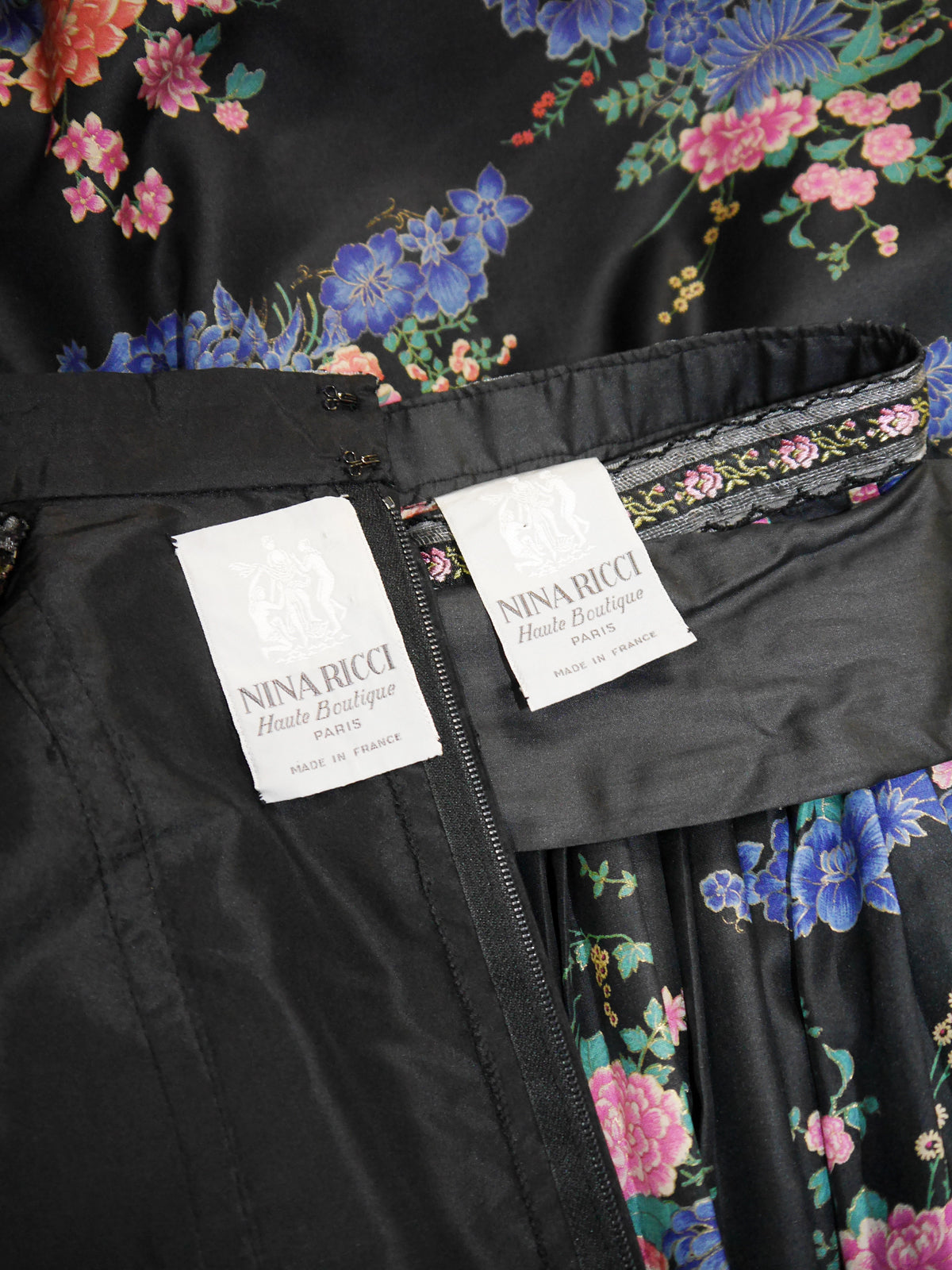 NINA RICCI Vintage Floral Silk Evening Ball Gown Blouse & Maxi Skirt Set