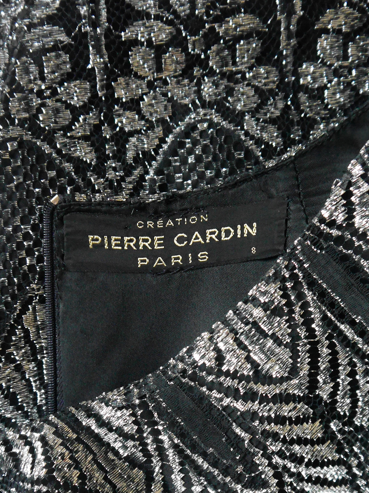 PIERRE CARDIN c. 1970s Vintage Metallic Silver Lamé Lace Midi Evening Dress Size M
