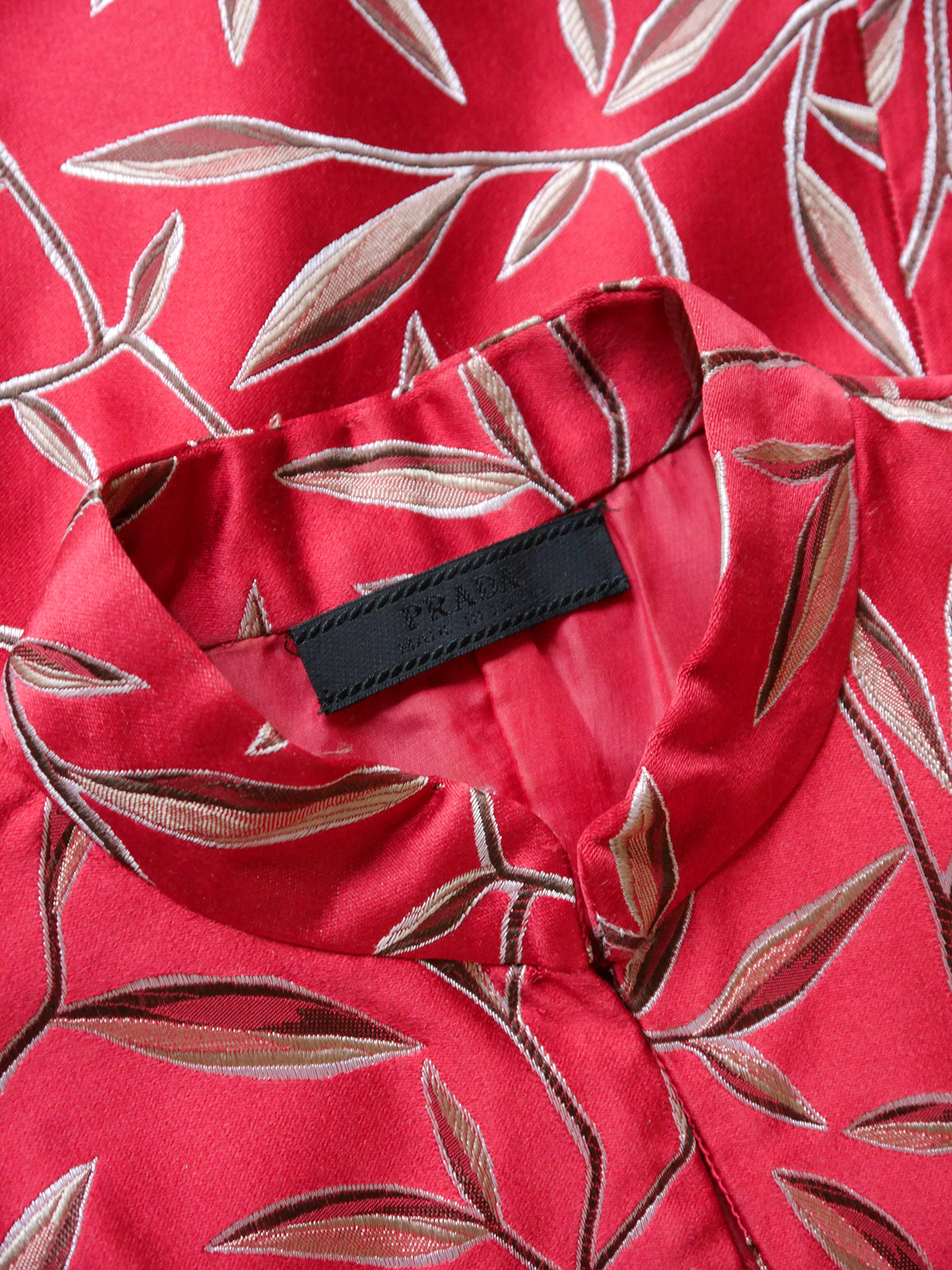 PRADA Spring 1997 1990s Vintage Chinoiserie Red Leaf Print Silk Dress