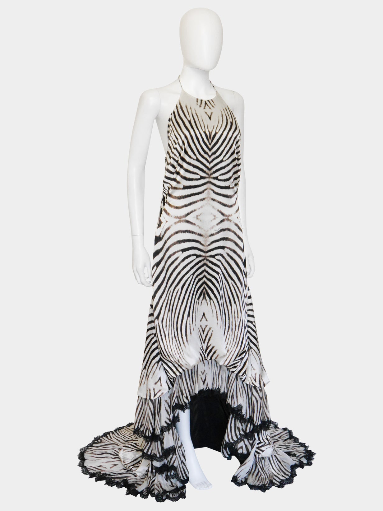 ROBERTO CAVALLI 2000s Vintage Backless Animal Print Silk Lace Evening Gown