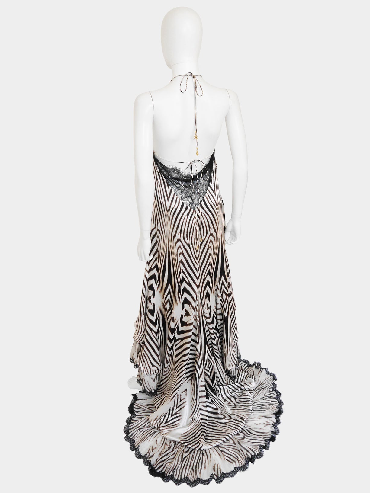 ROBERTO CAVALLI 2000s Vintage Backless Animal Print Silk Lace Evening Gown