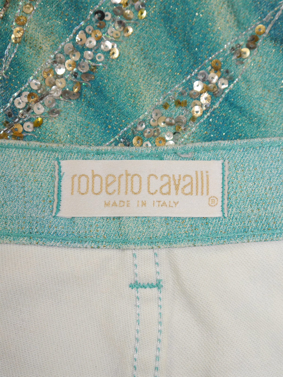 ROBERTO CAVALLI Spring 2001 Sequined Denim Pants & Jacket Suit w/ Necklace Size XS-S