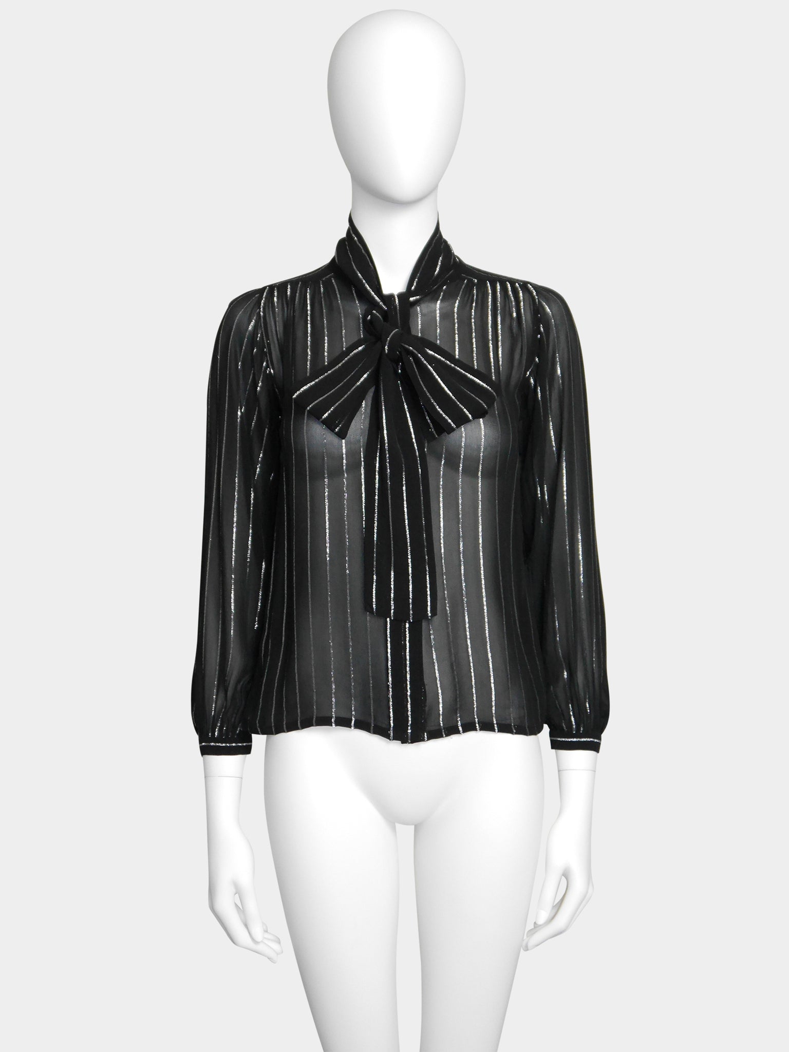 YVES SAINT LAURENT 1970s Silk & Lurex Lavallière Evening Blouse Size XS