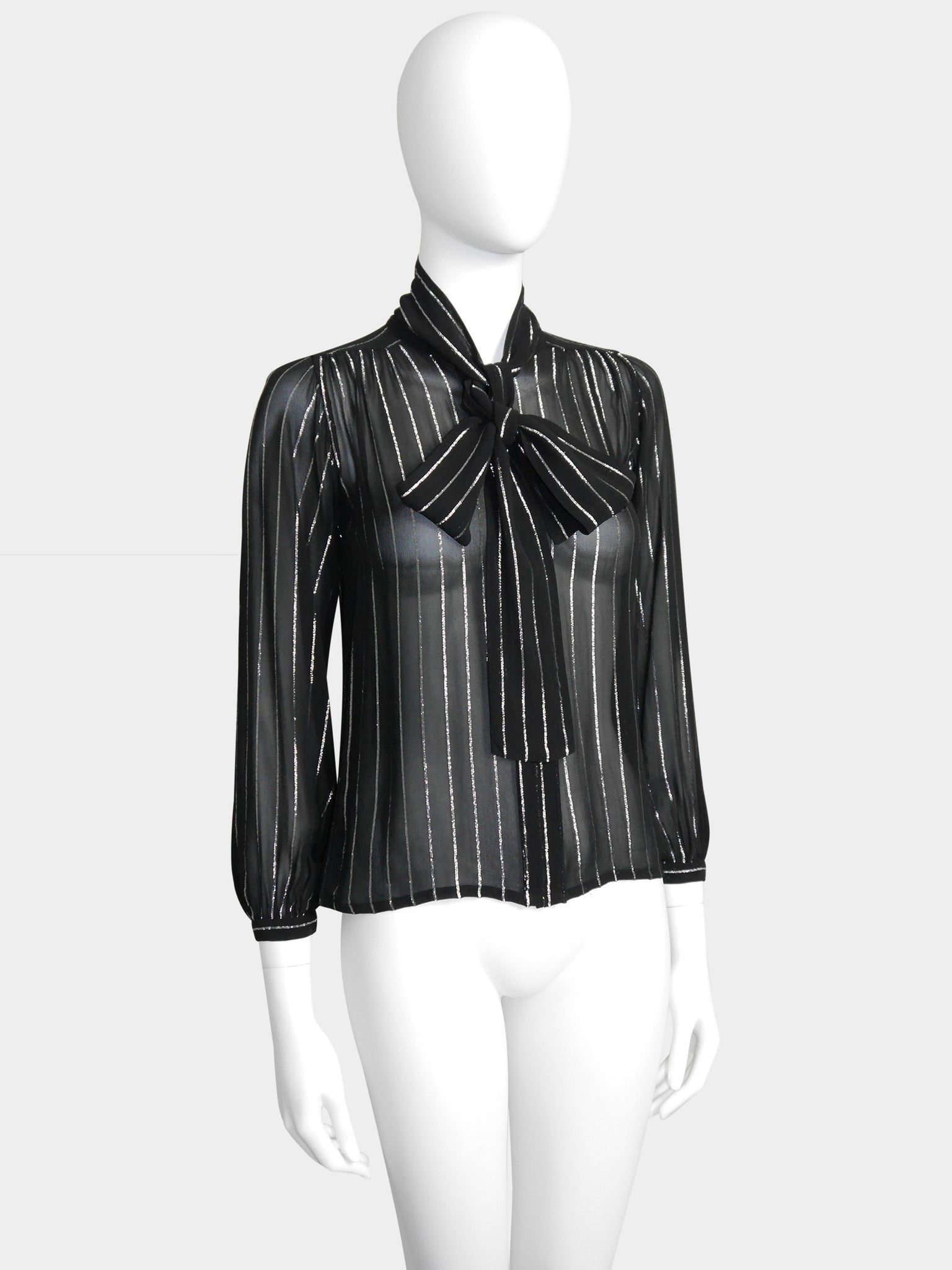 YVES SAINT LAURENT 1970s Silk & Lurex Lavallière Evening Blouse Size XS