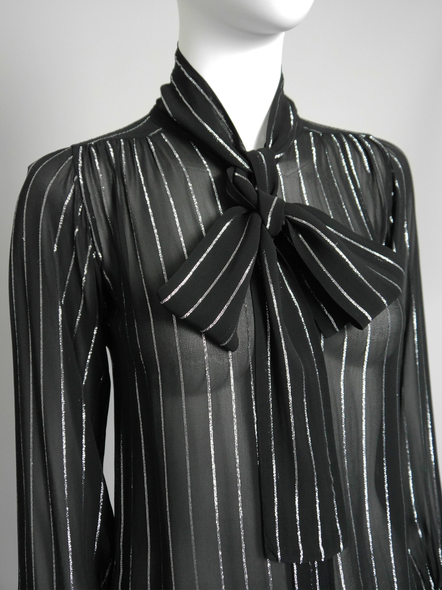 YVES SAINT LAURENT 1970s Silk & Lurex Lavallière Evening Blouse Size XS