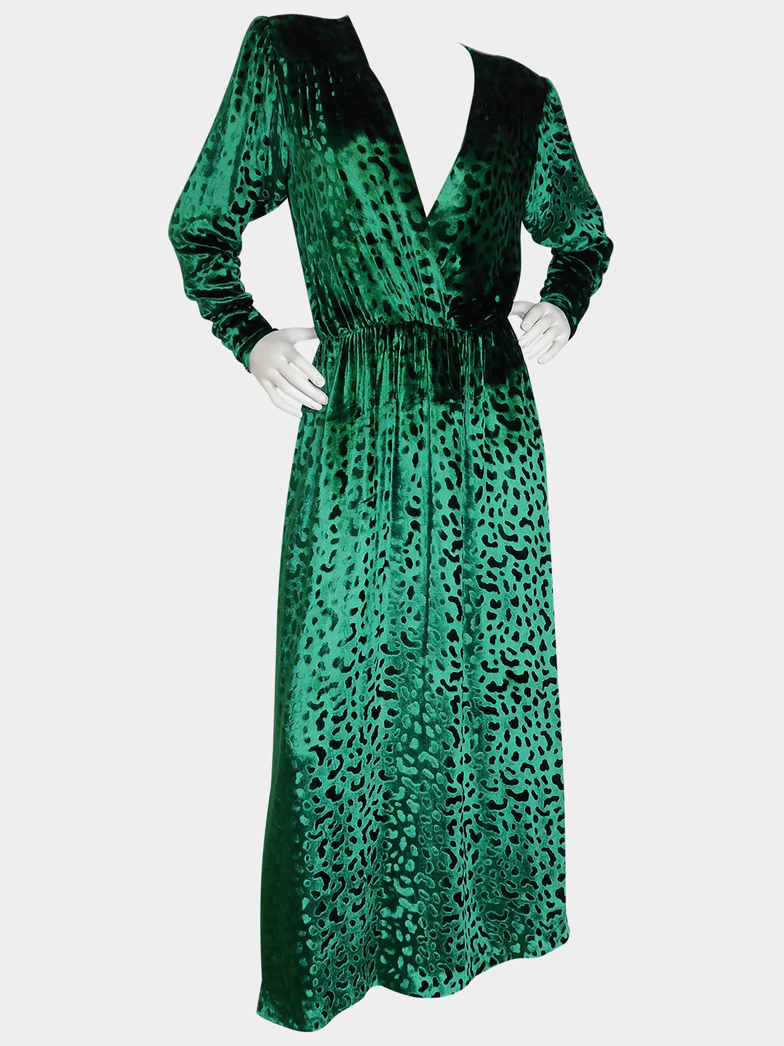 YVES SAINT LAURENT c. 1985 Vintage Green Velvet Maxi Evening Dress