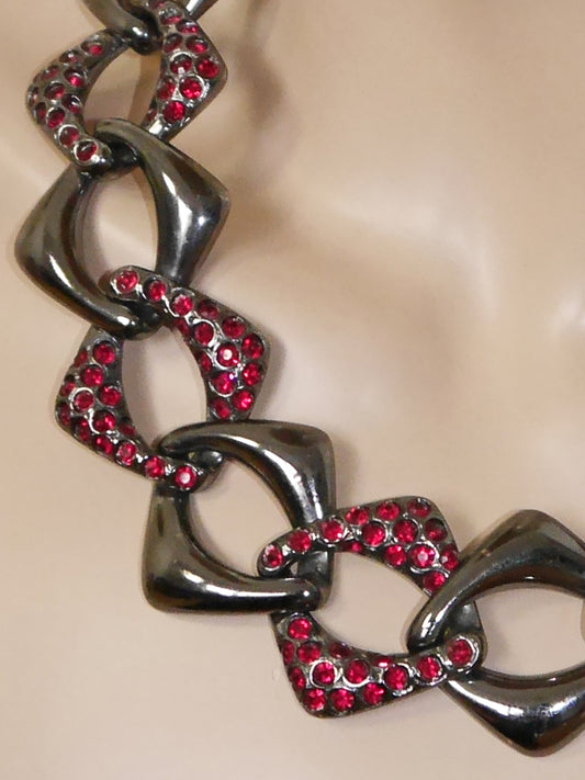 YVES SAINT LAURENT Vintage Statement Necklace Gunmetal & Red Rhinestones