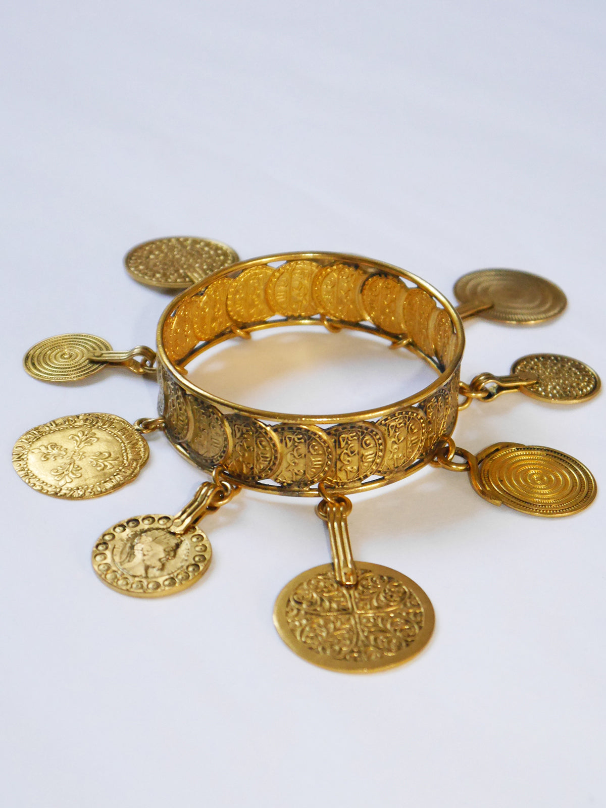 YVES SAINT LAURENT c. 1977 Vintage Coin Charm Pendant Bangle Bracelet