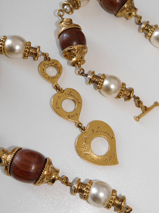 YVES SAINT LAURENT c. 1990s Vintage Massive Oversized Beaded Necklace Wood & Faux Pearls 91,0 cm