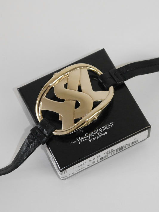 YVES SAINT LAURENT 2000s Vintage Leather & Metal Logo Bracelet, Choker Necklace Or Belt